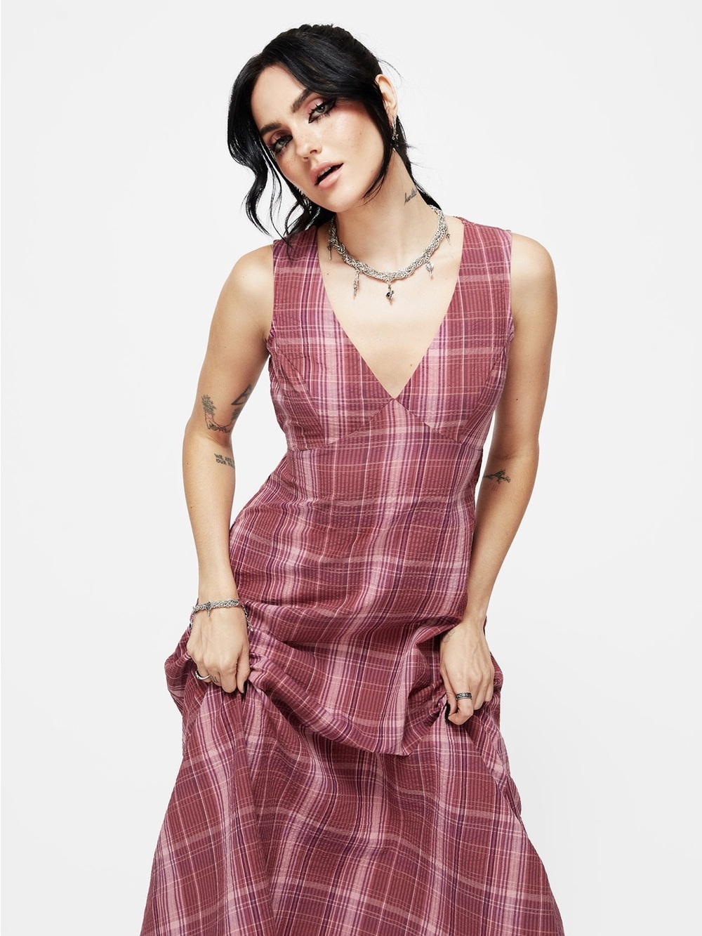 Disturbia Wine Plaid Sleeveless V-Neck Maxi Dress